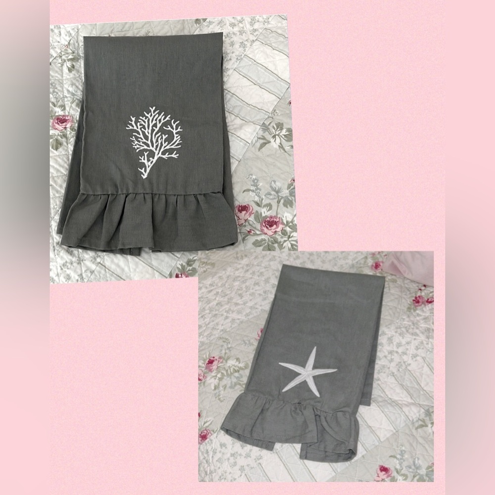 2 Royal Standard embroidered coral starfish hand towels linen cotton NWT grey